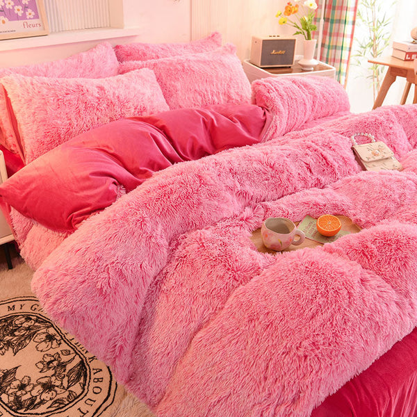 Therapeutic Fluffy Faux Mink & Velvet Fleece Quilt Cover Set - Pink white