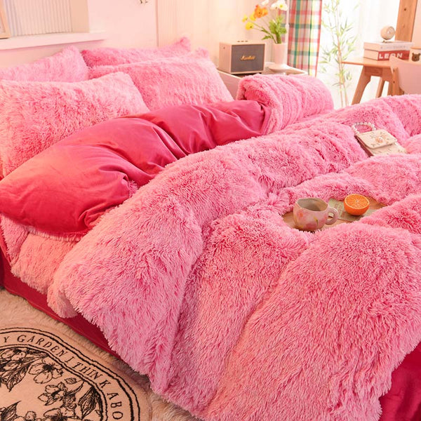 Therapeutic Fluffy Faux Mink & Velvet Fleece Quilt Cover Set - Pink white