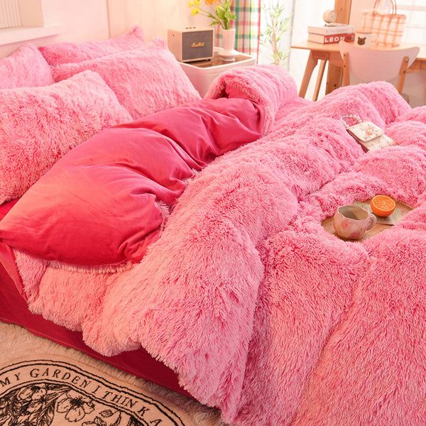 Therapeutic Fluffy Faux Mink & Velvet Fleece Quilt Cover Set - Pink white