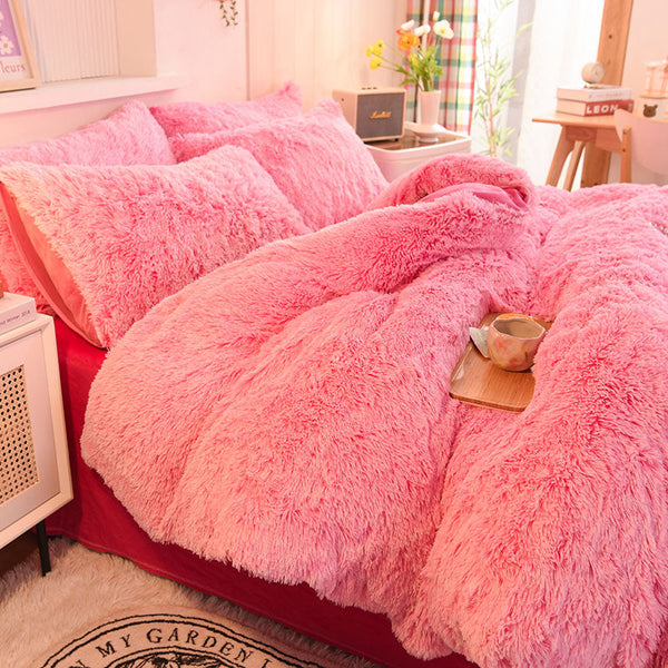 Therapeutic Fluffy Faux Mink & Velvet Fleece Quilt Cover Set - Pink white