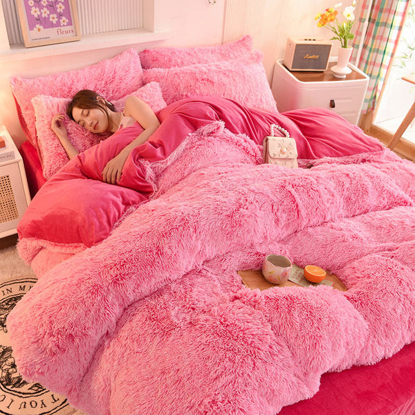 Therapeutic Fluffy Faux Mink & Velvet Fleece Quilt Cover Set - Pink white