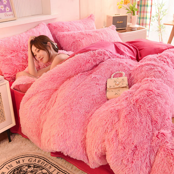 Therapeutic Fluffy Faux Mink & Velvet Fleece Quilt Cover Set - Pink white