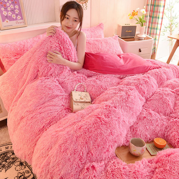 Therapeutic Fluffy Faux Mink & Velvet Fleece Quilt Cover Set - Pink white