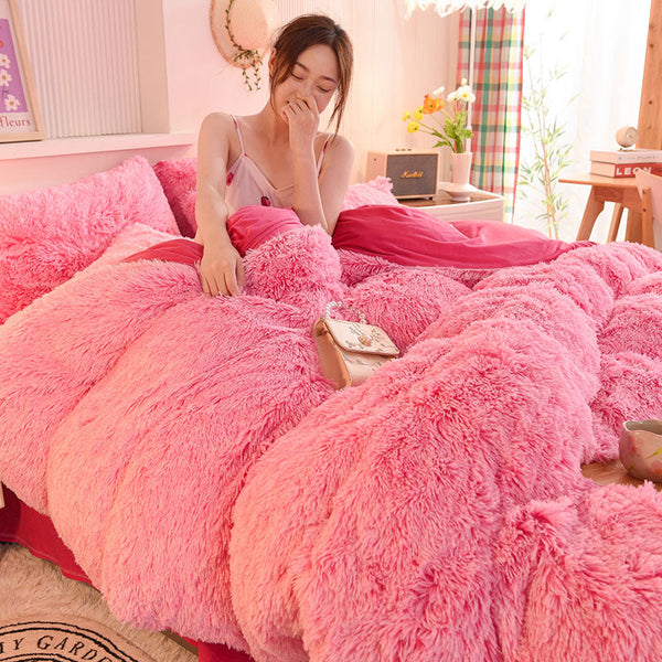 Therapeutic Fluffy Faux Mink & Velvet Fleece Quilt Cover Set - Pink white