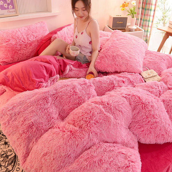 Therapeutic Fluffy Faux Mink & Velvet Fleece Quilt Cover Set - Pink white