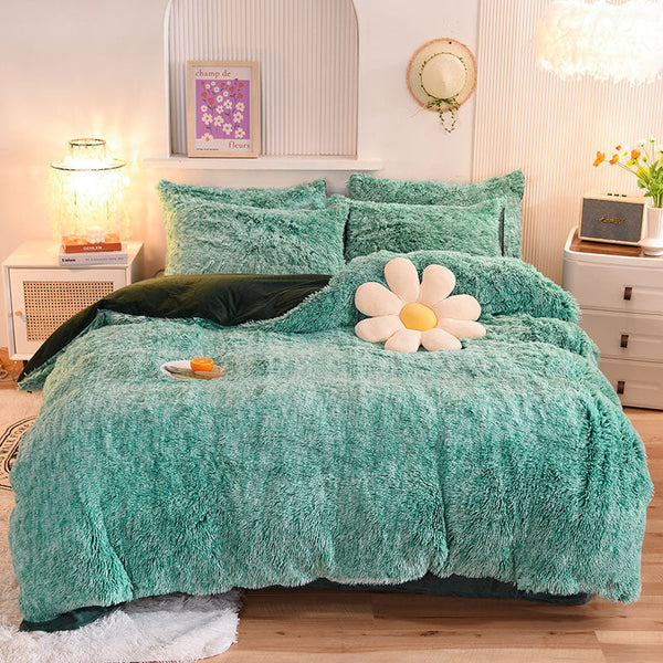 Therapeutic Fluffy Faux Mink & Velvet Fleece Quilt Cover Set - Green White