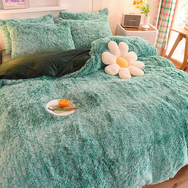 Therapeutic Fluffy Faux Mink & Velvet Fleece Quilt Cover Set - Green White