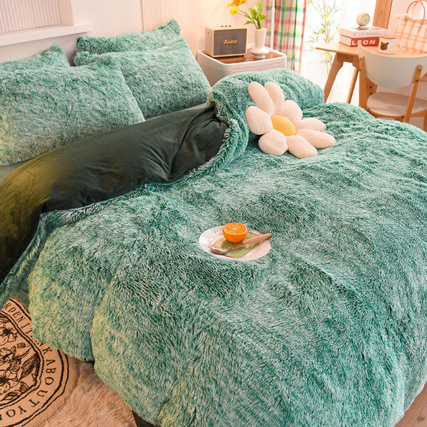 Therapeutic Fluffy Faux Mink & Velvet Fleece Quilt Cover Set - Green White