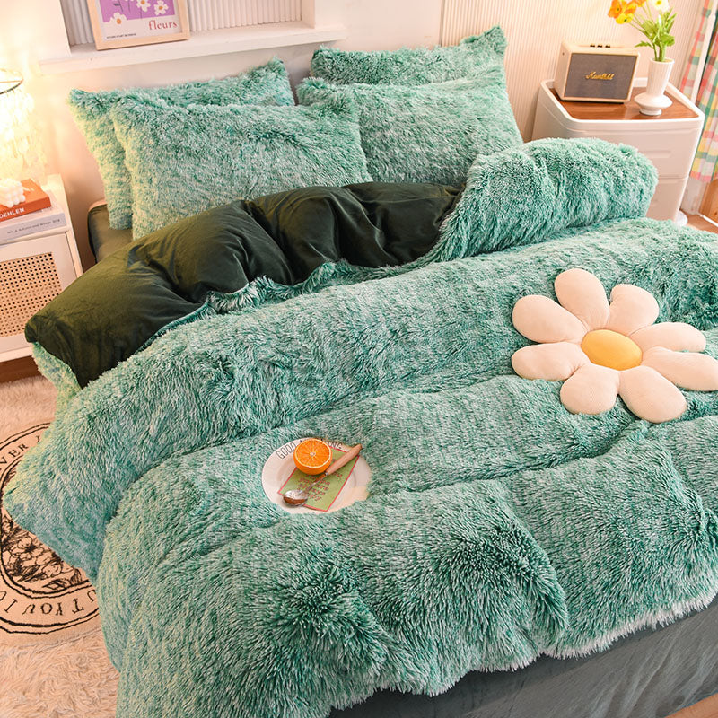 Therapeutic Fluffy Faux Mink & Velvet Fleece Quilt Cover Set - Green White