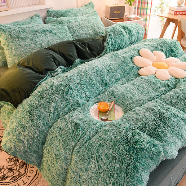 Therapeutic Fluffy Faux Mink & Velvet Fleece Quilt Cover Set - Green White