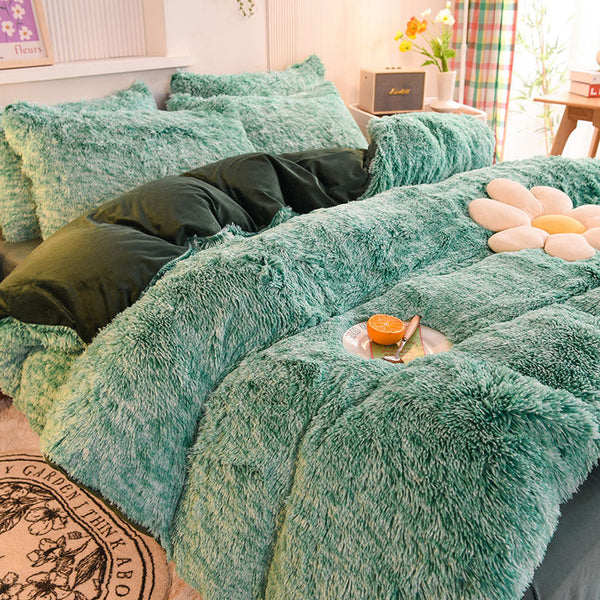 Therapeutic Fluffy Faux Mink & Velvet Fleece Quilt Cover Set - Green White