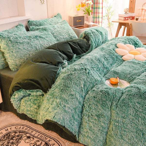 Therapeutic Fluffy Faux Mink & Velvet Fleece Quilt Cover Set - Green White