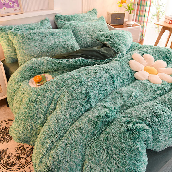 Therapeutic Fluffy Faux Mink & Velvet Fleece Quilt Cover Set - Green White