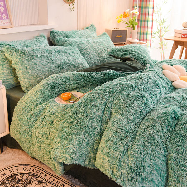 Therapeutic Fluffy Faux Mink & Velvet Fleece Quilt Cover Set - Green White