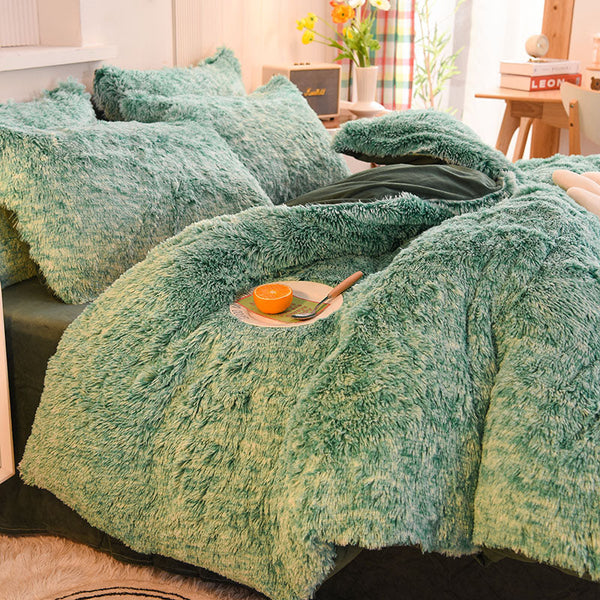 Therapeutic Fluffy Faux Mink & Velvet Fleece Quilt Cover Set - Green White