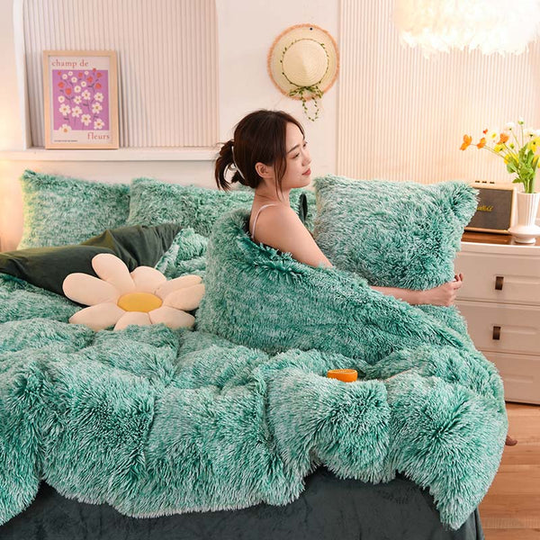 Therapeutic Fluffy Faux Mink & Velvet Fleece Quilt Cover Set - Green White