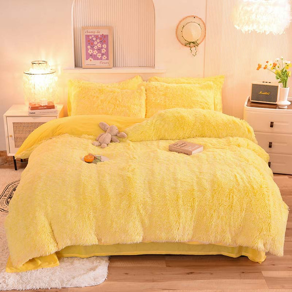 Therapeutic Fluffy Faux Mink & Velvet Fleece Quilt Cover Set - Yellow White