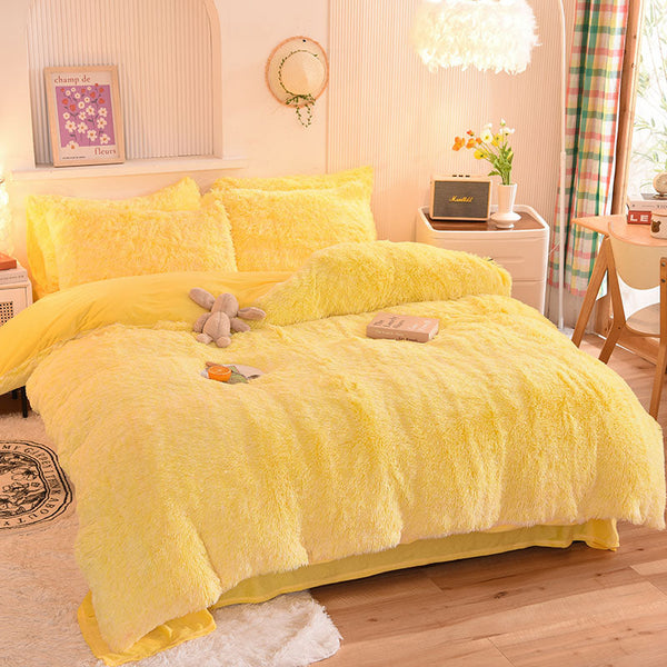 Therapeutic Fluffy Faux Mink & Velvet Fleece Quilt Cover Set - Yellow White