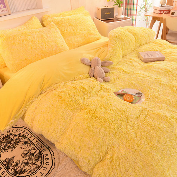 Therapeutic Fluffy Faux Mink & Velvet Fleece Quilt Cover Set - Yellow White