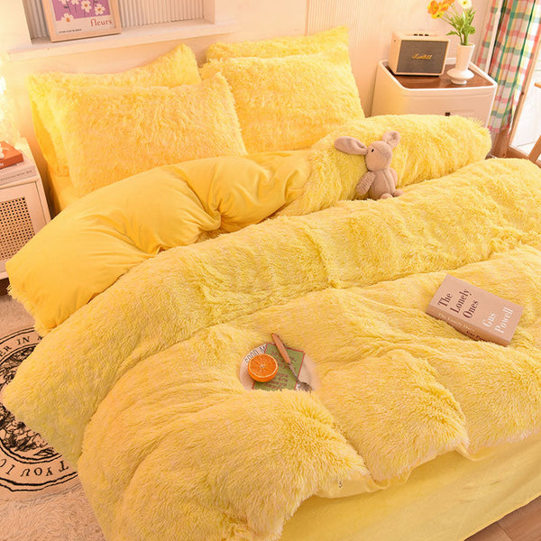 Therapeutic Fluffy Faux Mink & Velvet Fleece Quilt Cover Set - Yellow White