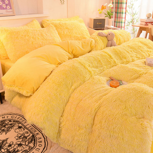 Therapeutic Fluffy Faux Mink & Velvet Fleece Quilt Cover Set - Yellow White