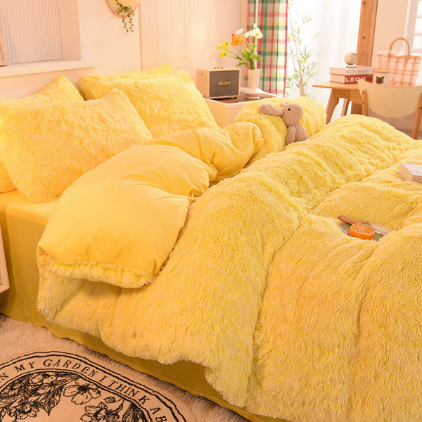 Therapeutic Fluffy Faux Mink & Velvet Fleece Quilt Cover Set - Yellow White