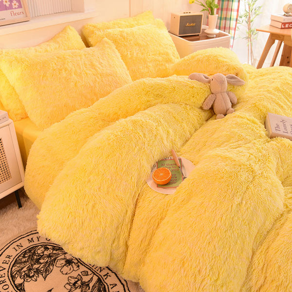 Therapeutic Fluffy Faux Mink & Velvet Fleece Quilt Cover Set - Yellow White