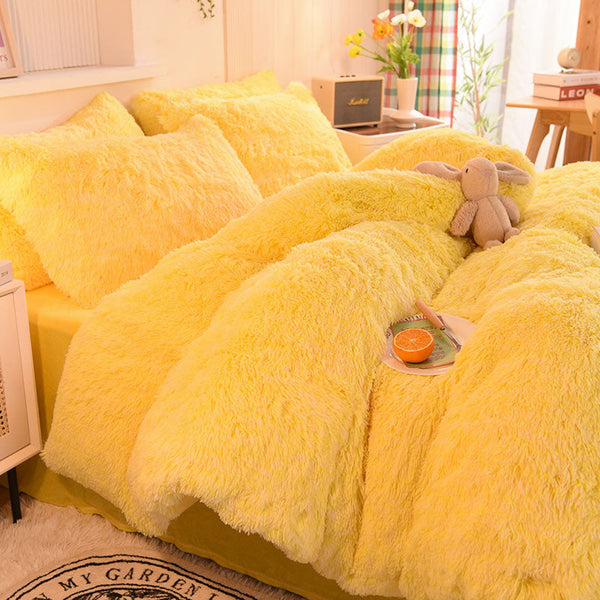 Therapeutic Fluffy Faux Mink & Velvet Fleece Quilt Cover Set - Yellow White