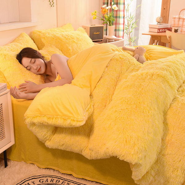 Therapeutic Fluffy Faux Mink & Velvet Fleece Quilt Cover Set - Yellow White