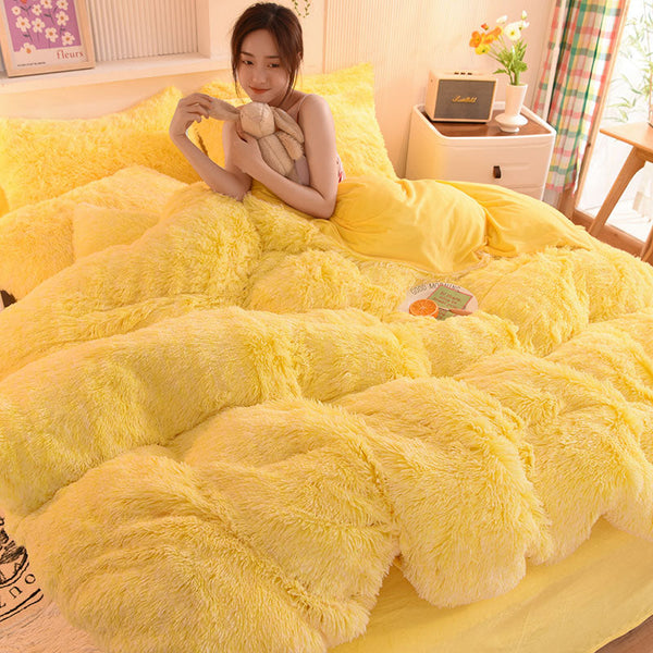 Therapeutic Fluffy Faux Mink & Velvet Fleece Quilt Cover Set - Yellow White