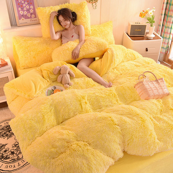 Therapeutic Fluffy Faux Mink & Velvet Fleece Quilt Cover Set - Yellow White