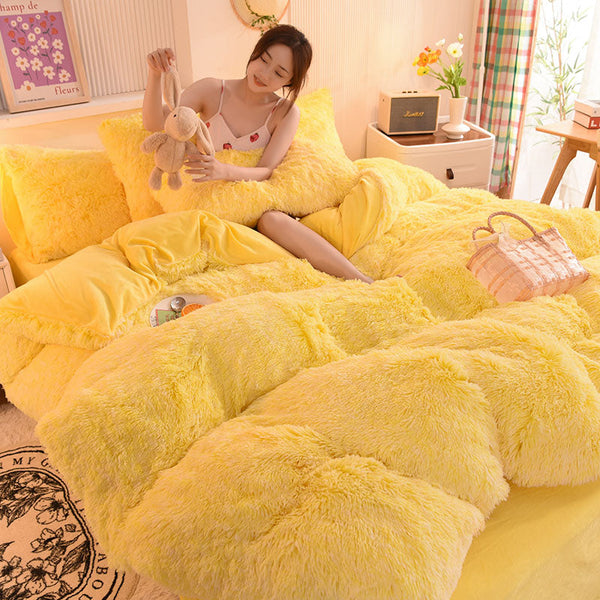 Therapeutic Fluffy Faux Mink & Velvet Fleece Quilt Cover Set - Yellow White