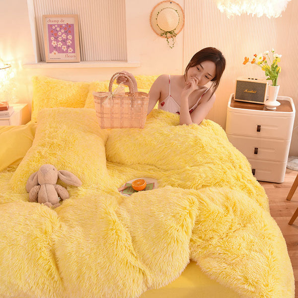 Therapeutic Fluffy Faux Mink & Velvet Fleece Quilt Cover Set - Yellow White