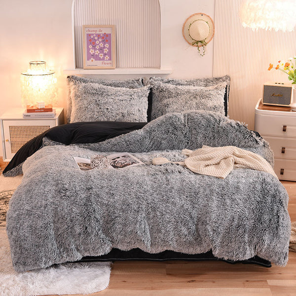 Therapeutic Fluffy Faux Mink & Velvet Fleece Quilt Cover Set - Black white