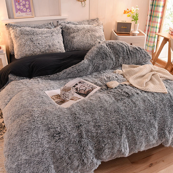 Therapeutic Fluffy Faux Mink & Velvet Fleece Quilt Cover Set - Black white