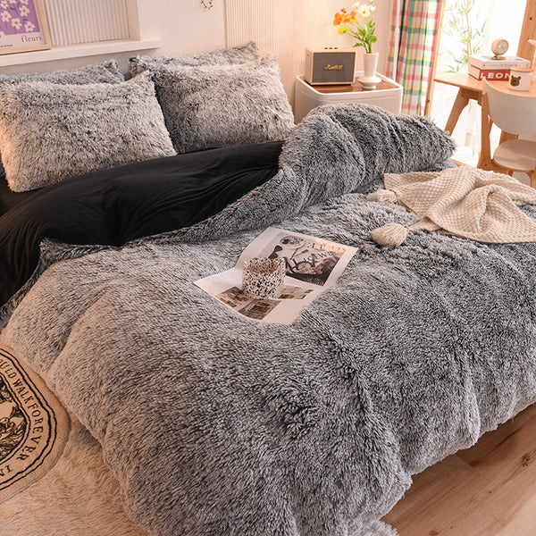 Therapeutic Fluffy Faux Mink & Velvet Fleece Quilt Cover Set - Black white