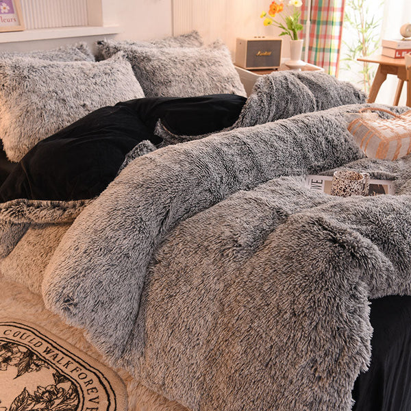 Therapeutic Fluffy Faux Mink & Velvet Fleece Quilt Cover Set - Black white