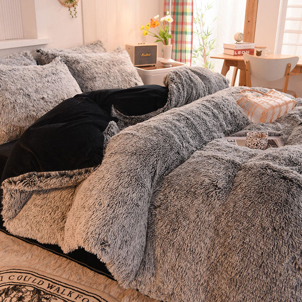 Therapeutic Fluffy Faux Mink & Velvet Fleece Quilt Cover Set - Black white