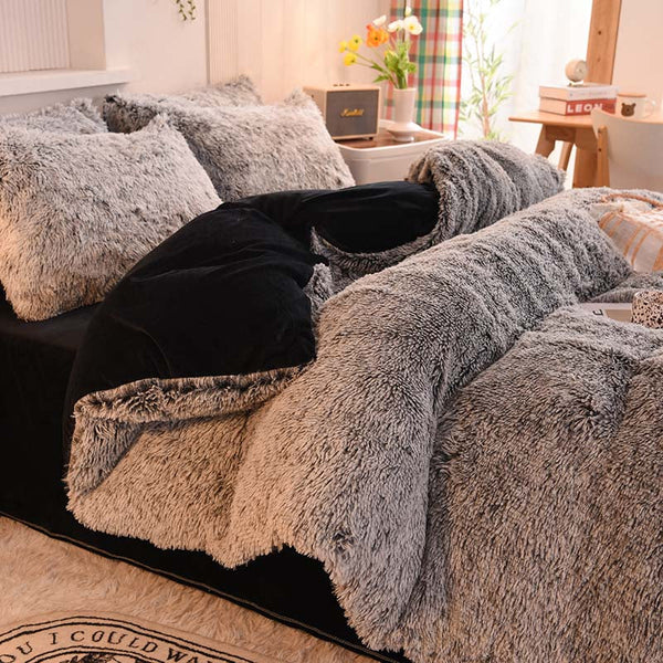 Therapeutic Fluffy Faux Mink & Velvet Fleece Quilt Cover Set - Black white