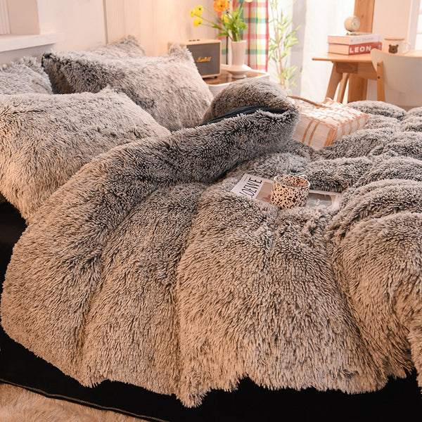 Therapeutic Fluffy Faux Mink & Velvet Fleece Quilt Cover Set - Black white