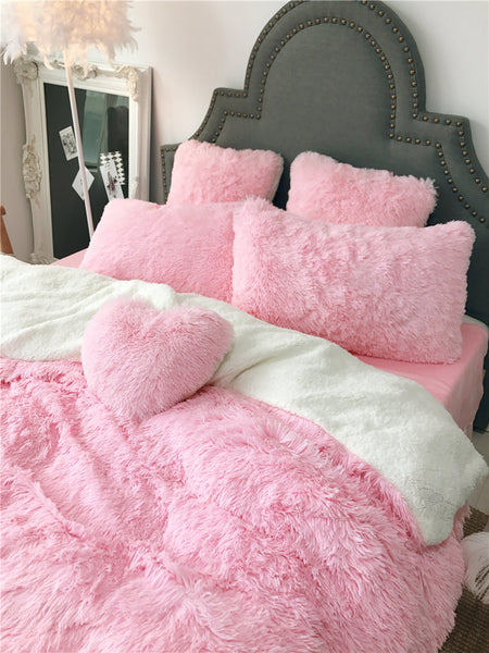 Therapeutic Fluffy Faux Lambswool Quilt Cover Set - Pink