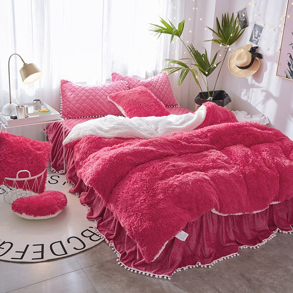 Therapeutic Fluffy Faux Lambswool Quilt Cover Set - Hot Pink