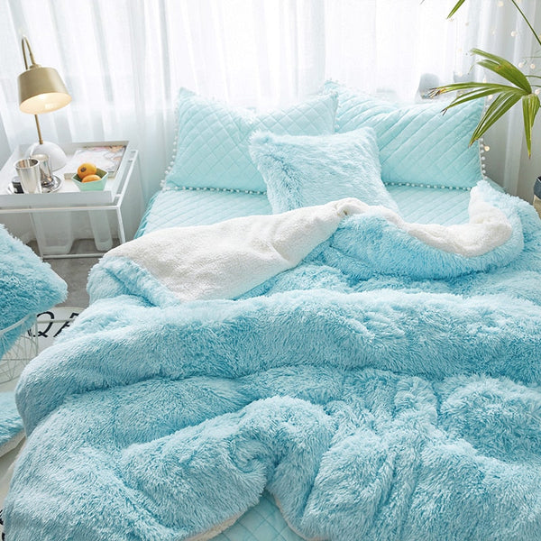 Therapeutic Fluffy Faux Lambswool Quilt Cover Set - Blue