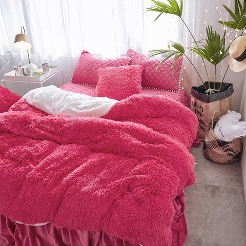 Therapeutic Fluffy Faux Lambswool Quilt Cover Set - Hot Pink