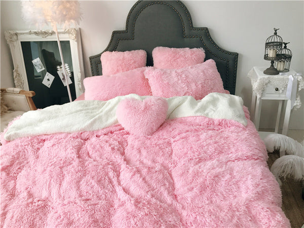 Therapeutic Fluffy Faux Lambswool Quilt Cover Set - Pink