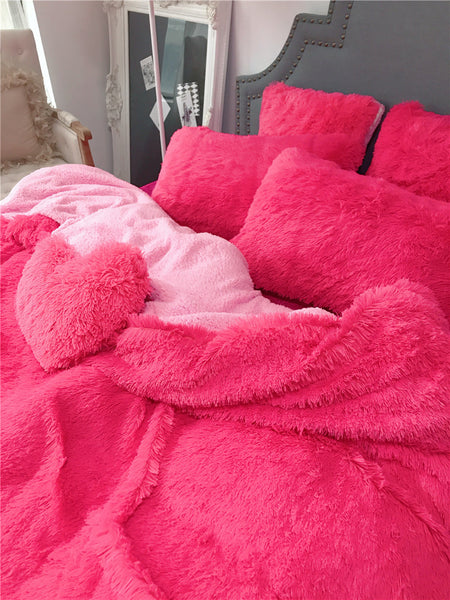 Therapeutic Fluffy Faux Lambswool Quilt Cover Set - Hot Pink