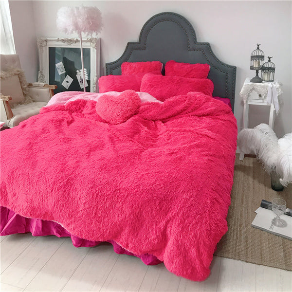 Therapeutic Fluffy Faux Lambswool Quilt Cover Set - Hot Pink