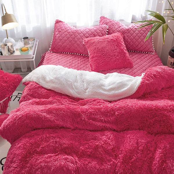 Therapeutic Fluffy Faux Lambswool Quilt Cover Set - Hot Pink