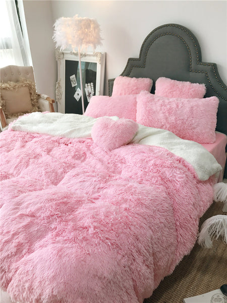 Therapeutic Fluffy Faux Lambswool Quilt Cover Set - Pink