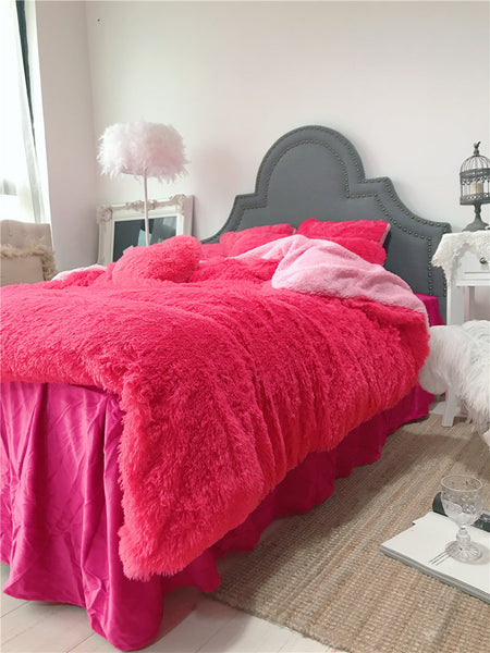 Therapeutic Fluffy Faux Lambswool Quilt Cover Set - Hot Pink